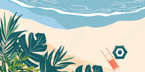 Poster, Cover, and Card Set Featuring Sunny Beach, Village, and Sea View in Europe - Flat Design Illustrations for Vacation Travel and Holiday Relaxation. Summer nature landscape