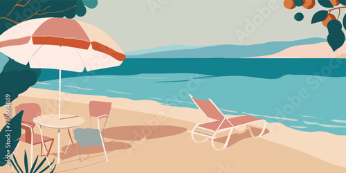 Poster, Cover, and Card Set Featuring Sunny Beach, Village, and Sea View in Europe - Flat Design Illustrations for Vacation Travel and Holiday Relaxation. Summer nature landscape