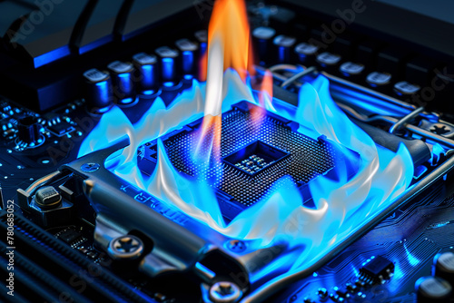 Modern Circuit board Technology background in fire and smoke