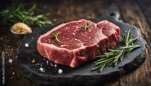 Fresh raw steak seasoned with salt and herbs on rustic wooden table against dark background.