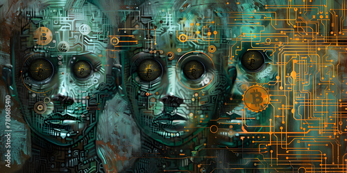 an artwork representing the anonymity and privacy features of certain cryptocurrencies., A futuristic and captivating display of cybernetic heads in vibrant colors photo