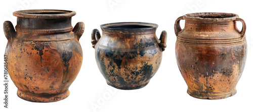 vintage antique brown Indian pot collection set isolated on transparent or white background cutout PNG