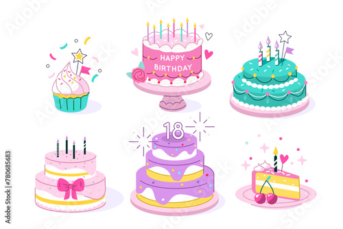 Birthday cakes set. Desserts variations with cream, chocolate, candles. Home made biscuit cake, cupcake, bakery and pastry concept. Vector illustration.