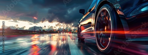 Car driving on highway closeup of car wheels and road. Generate AI image photo