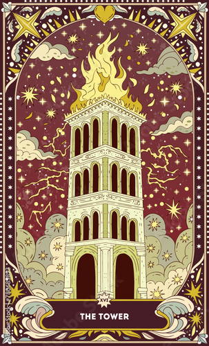 A tarot card in bohemian tones in a modern style in the form of a skeleton. Modern illustration of The Tower card, minimalistic cartoon skeleton, simple vector drawing