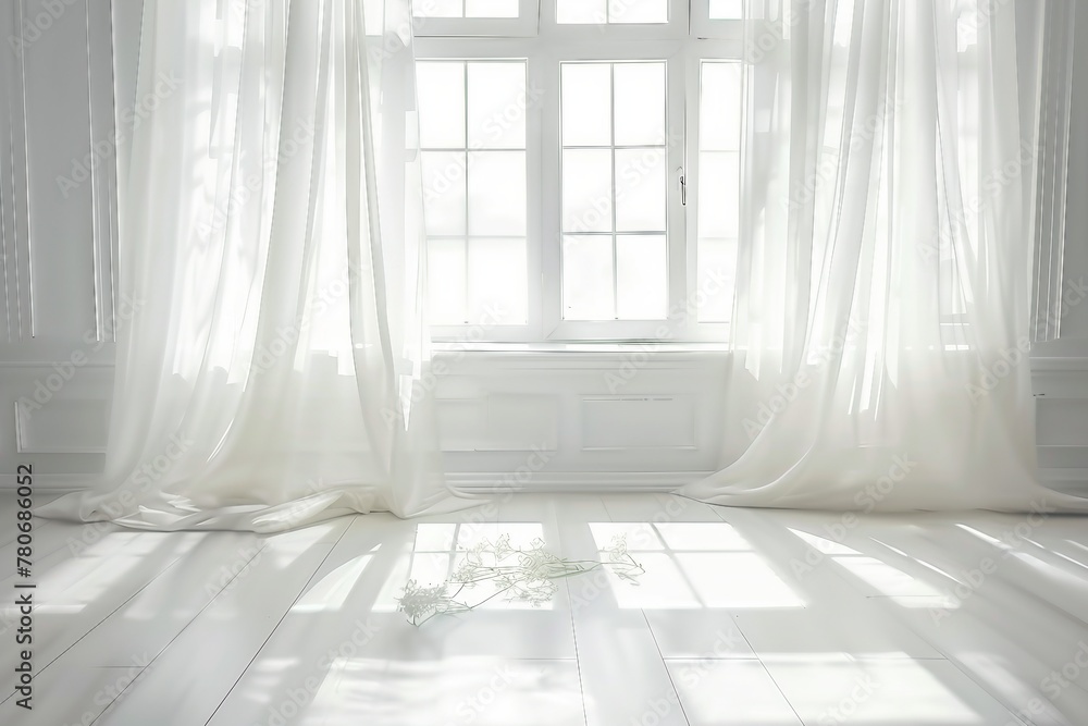 Fototapeta premium Backlit window with white curtains in empty room. generative ai.