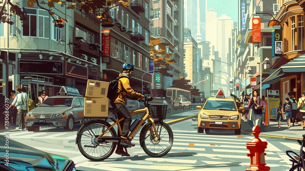 a delivery person navigating a bustling city street on an electric cargo bike balancing a stack of parcels. The background captures the urban environment with its mix of pedestrians