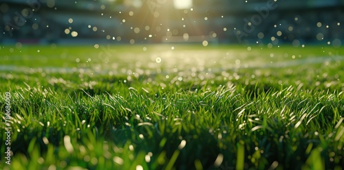Closeup of grass in the middle of a football stadium. Generate AI image