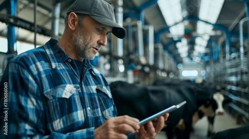 High-detail depiction of a dairy farmer consulting a digital tablet in a modern milking parlor