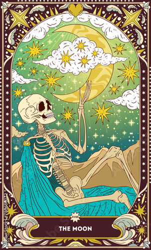 A tarot card in bohemian tones in a modern style in the form of a skeleton. Modern illustration of The Moon card, minimalistic cartoon skeleton, simple vector drawing