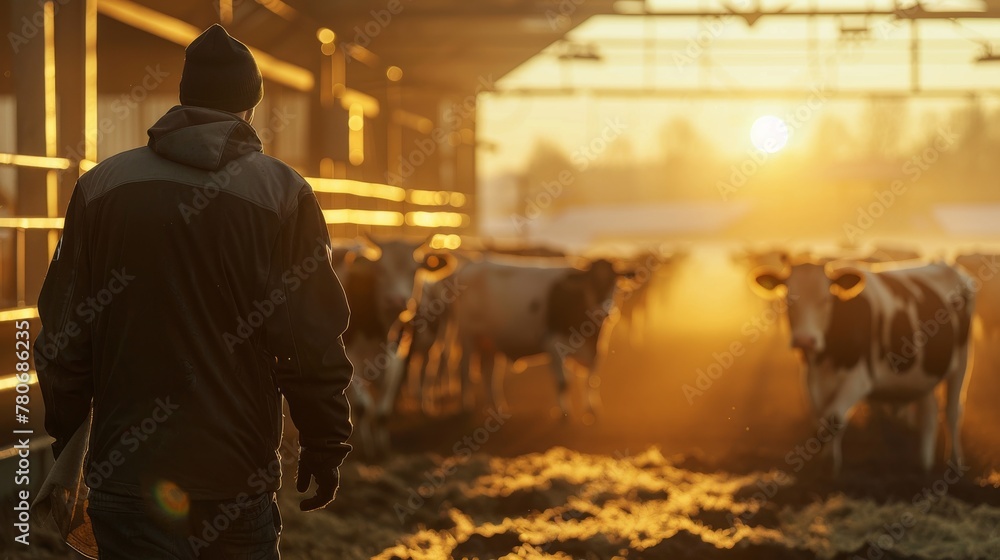 Photorealistic image of a farmer at dawn beginning the days work Photorealistic image of a farmer at dawn beginning the days work