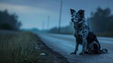 Photorealistic image of a forlorn dog sitting by an empty road at dusk its eyes reflecting a deep longing. The surrounding landscape is desolate