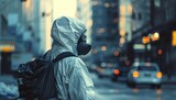 A man in a hazmat suit stands in the rain by AI generated image