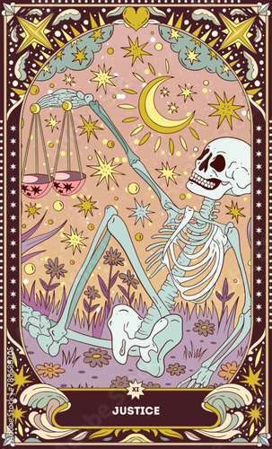 A tarot card in bohemian tones in a modern style in the form of a skeleton. Modern illustration of The Justice card, minimalistic cartoon skeleton, simple vector drawing