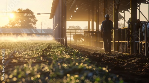 Photorealistic image of a farmer at dawn beginning the days work photo