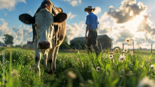 Realistic portrayal of a dairy cow being gently led by a farmer into a lush pasture photo