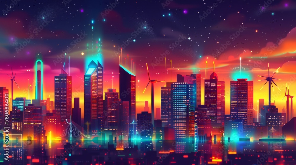 Stylized illustration of a city at night illuminated by vibrant lights powered by various sources of electrical energy
