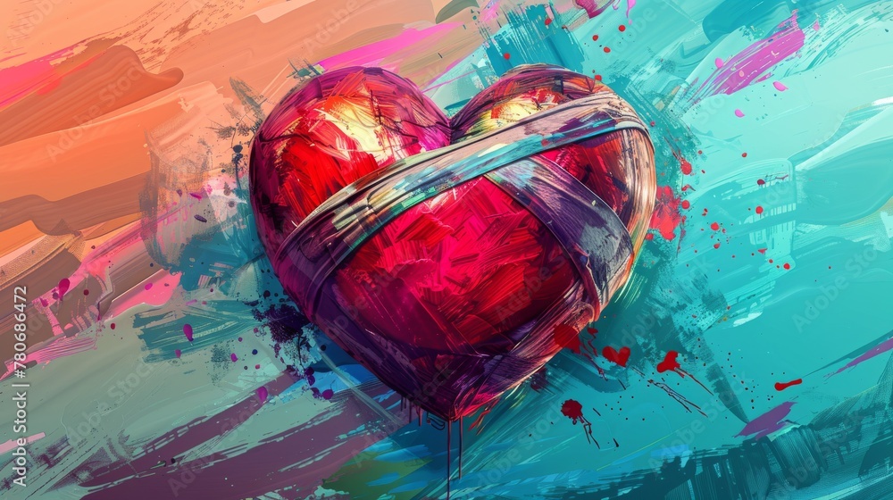 Stylized illustration of a heart wrapped in bandages set against a vibrant background. This artwork symbolizes the healing of emotional wounds - obrazy, fototapety, plakaty 