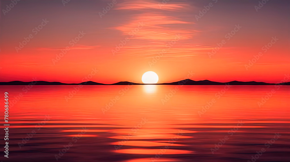 The minimalist background is a sunset sky with the sun, in red, pink and lilac tones.