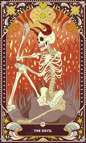 A tarot card in bohemian tones in a modern style in the form of a skeleton. Modern illustration of The Devil card, minimalistic cartoon skeleton, simple vector drawing