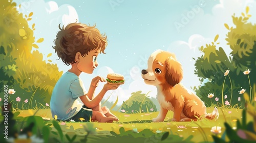 Stylized illustration of a heartwarming moment where a child gently offers a piece of their sandwich to a shy abandoned puppy in a park photo