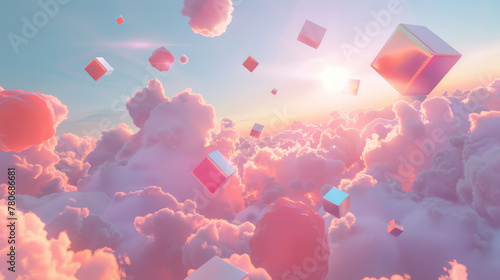 3D geometric shapes floating in a dreamy, cloud-filled sky,
