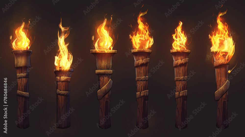 Fototapeta premium Set of Burning fire on old torch isolation, Illustration 