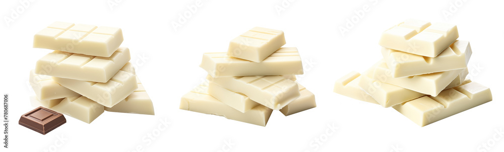Set white chocolate bar isolated on transparent background cutout, PNG file.