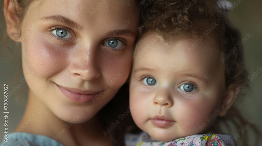 Young woman mother tightly hugs her little child holding in her arms, concept of young motherhood, parenthood at a young age Young woman mother tightly hugs her little child holding in her arms, concept of young motherhood, parenthood at a young age