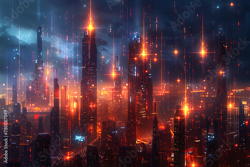 Modern city technology background with shiny lines and dots. Futuristic city background
