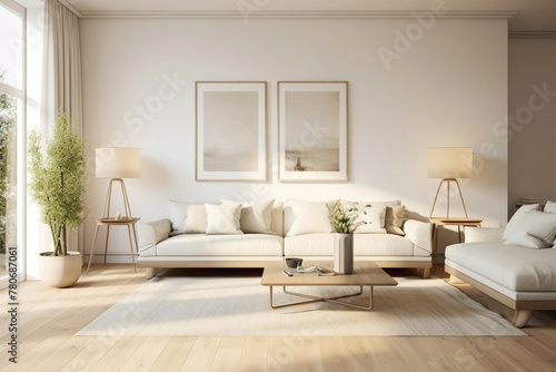 Minimalistic white frame blends with beige and Scandinavian ambiance  showcasing a modern living space s tranquility - plain walls  wooden floor  and a hint of greenery.