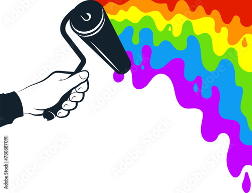 Roller with a trace of colored paint in hand design for painting