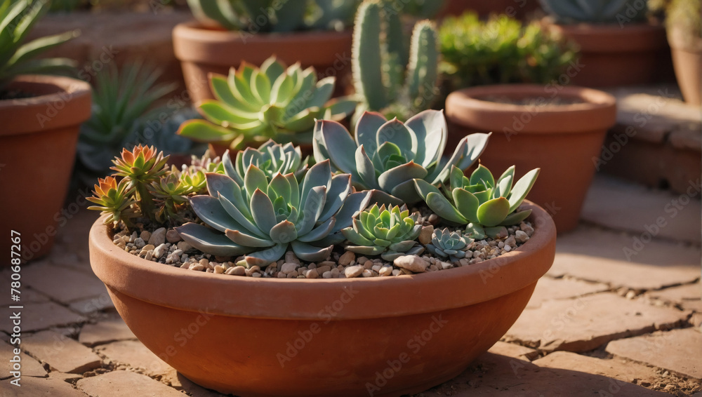 A succulent garden in a terracotta pot, showcasing a variety of colorful desert plants.