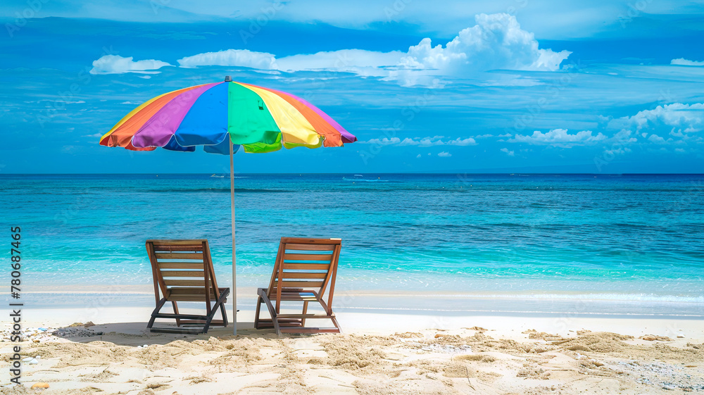lounge chairs on the beach. beach chair and rainbow color umbrella, vacation background