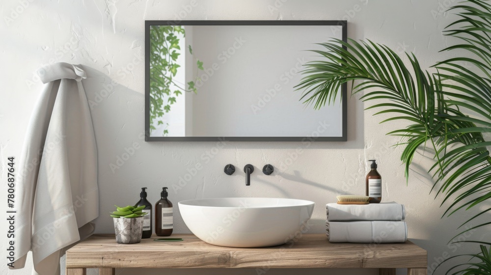 A serene bathroom with clean lines and spa-like elements, featuring a mockup frame displayed on a shelf or vanity, adding a personal touch to the tranquil setting A serene bathroom with clean lines and spa-like elements, featuring a mockup frame displayed on a shelf or vanity, adding a personal touch to the tranquil setting