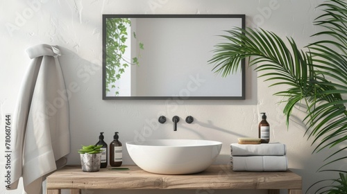 A serene bathroom with clean lines and spa-like elements, featuring a mockup frame displayed on a shelf or vanity, adding a personal touch to the tranquil setting