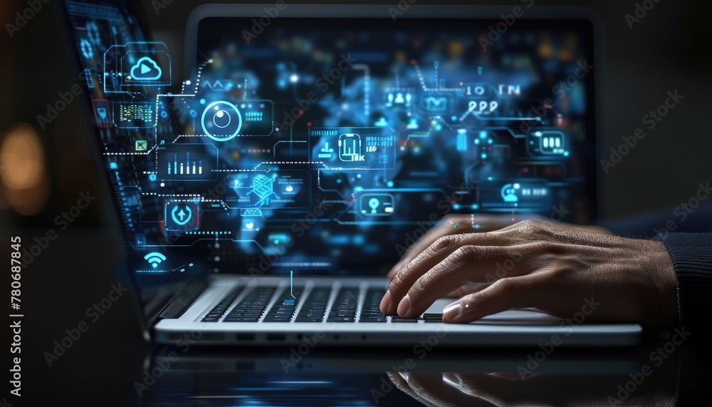 A person is typing on a laptop with a screen that shows a lot of locks by AI generated image A person is typing on a laptop with a screen that shows a lot of locks by AI generated image