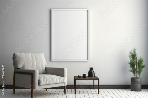 Minimalistic decor in living room with white frame, armchair, table, lamp. © Usman