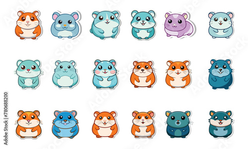 Sticker for funny cartoon hamster character, Colorful cartoon sticker set, Line vector illustration, Isolated on isolated background.