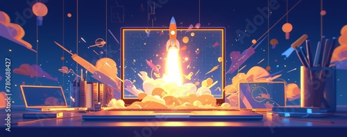 laptop with rocket taking off from the screen