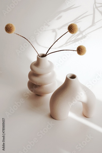 Modern beige ceramic vases set with dry  grass on beige background and sunlight shadow.Copy space,  Scandinavian interior accessories. Aesthetic poster
