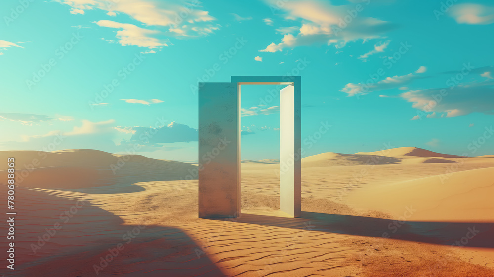Opened door on desert. Unknown and start up concept. This is a 3d illustration Generative AI