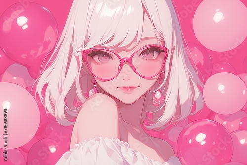 A beautiful woman with white hair and pink glasses against a background of small balls in shades of pink, dressed, holding candy in her hands. photo