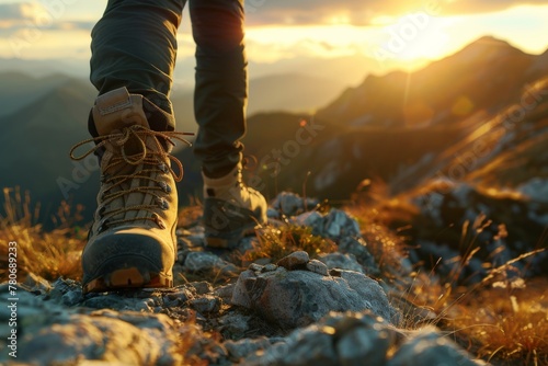 father and little son hiking boots in mountains. Beautiful simple AI generated image in 4K, unique. photo