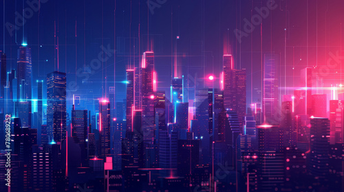 Abstract geometric city at night, with glowing polygons and lines simulating urban lights,
