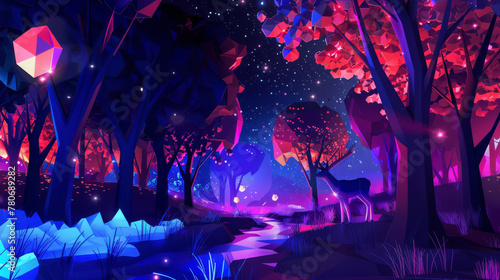 Abstract geometric forest at night, with trees and animals formed from glowing shapes, © Anuwat