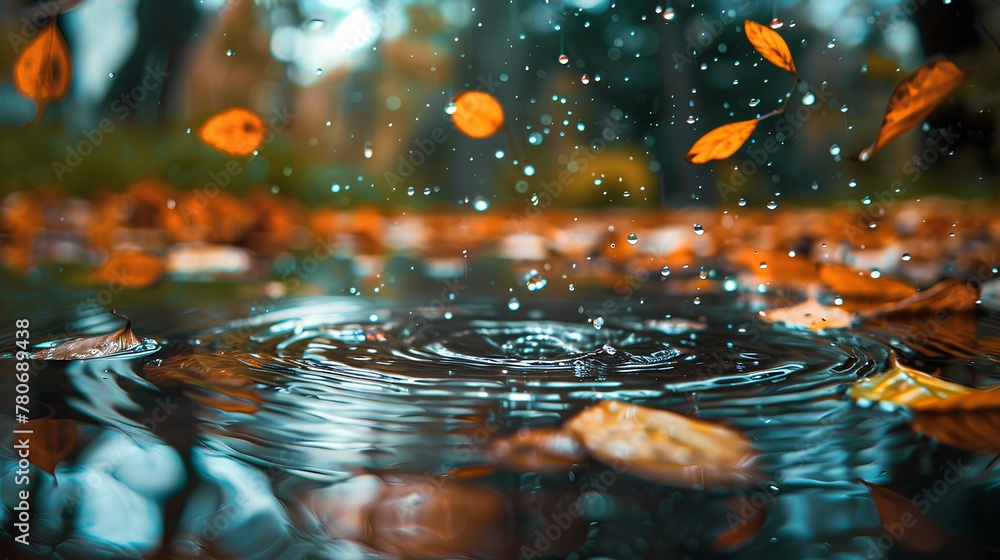 Autumn leaves dance with clear water, capturing the beauty of nature's delicate balance - obrazy, fototapety, plakaty 
