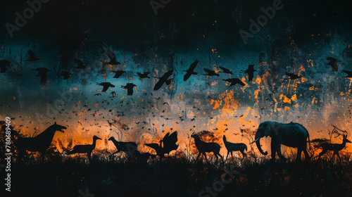 Abstract representation of Earth's dwindling biodiversity, symbolized by vanishing animal silhouettes against a dark backdrop, photo