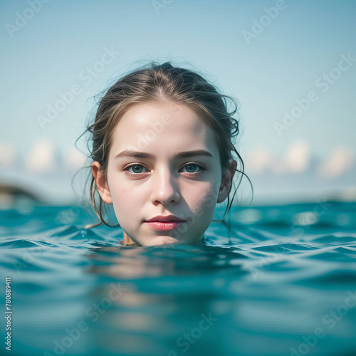 Beautiful young woman bathing in water