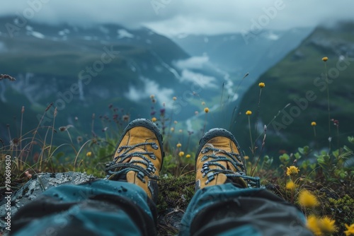 Hiking boots on a mountain trail at sunset. Beautiful simple AI generated image in 4K, unique.